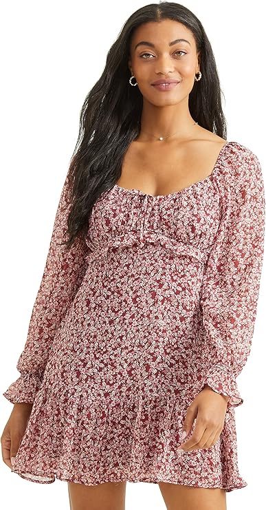 Altar’d State Long Sleeve Ruffle Floral Dress – Dark Red & White