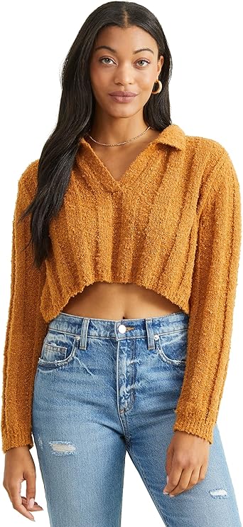 Altar’d State Long Sleeve Cropped Collared Sweater – Brown Sugar