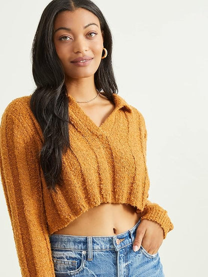 Altar’d State Long Sleeve Cropped Collared Sweater – Brown Sugar
