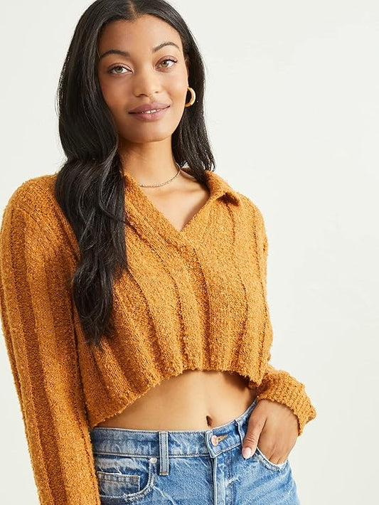 Altar’d State Long Sleeve Cropped Collared Sweater – Brown Sugar