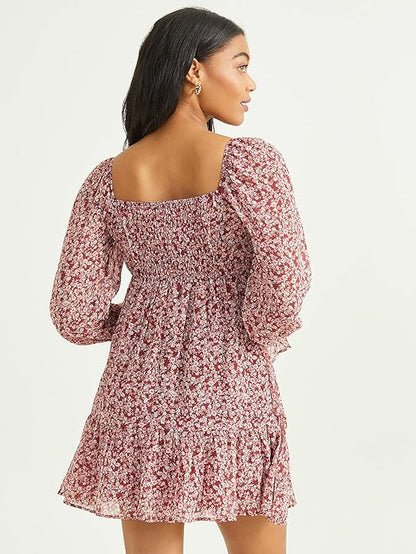 Altar’d State Long Sleeve Ruffle Floral Dress – Dark Red & White