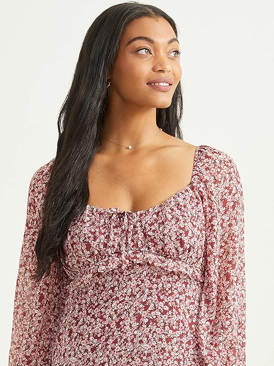 Altar’d State Long Sleeve Ruffle Floral Dress – Dark Red & White