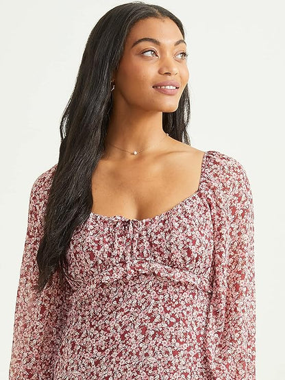 Altar’d State Long Sleeve Ruffle Floral Dress – Dark Red & White